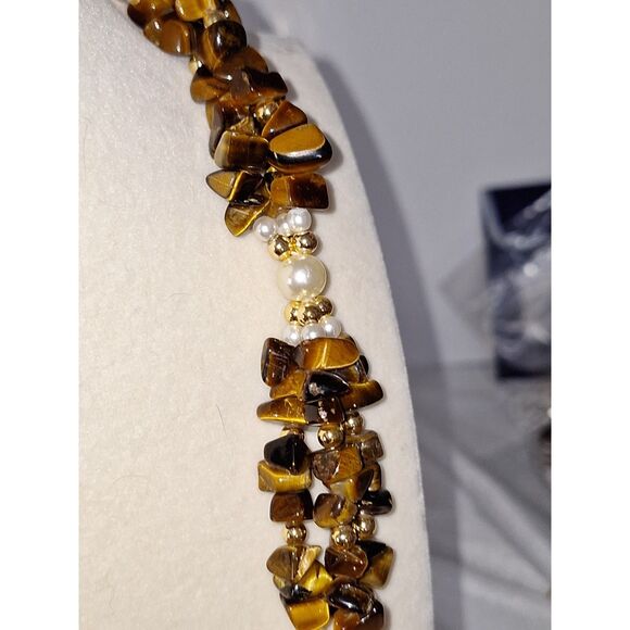 A Vintage Women's Necklace Tiger Eye Chips Faux Pearls Exquisite Luxurious - Picture 4 of 10